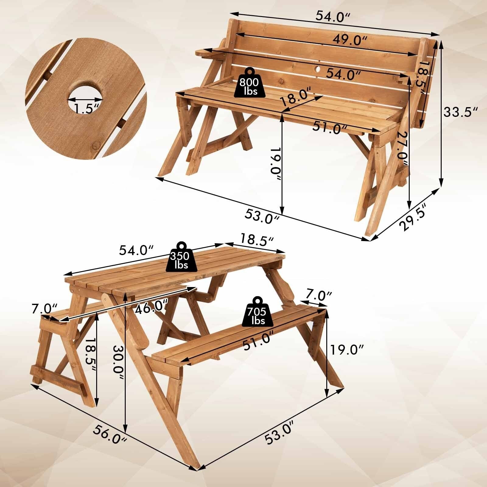 2-in-1 Transforming Interchangeable Wooden Picnic Table Bench with Umbrella Hole
