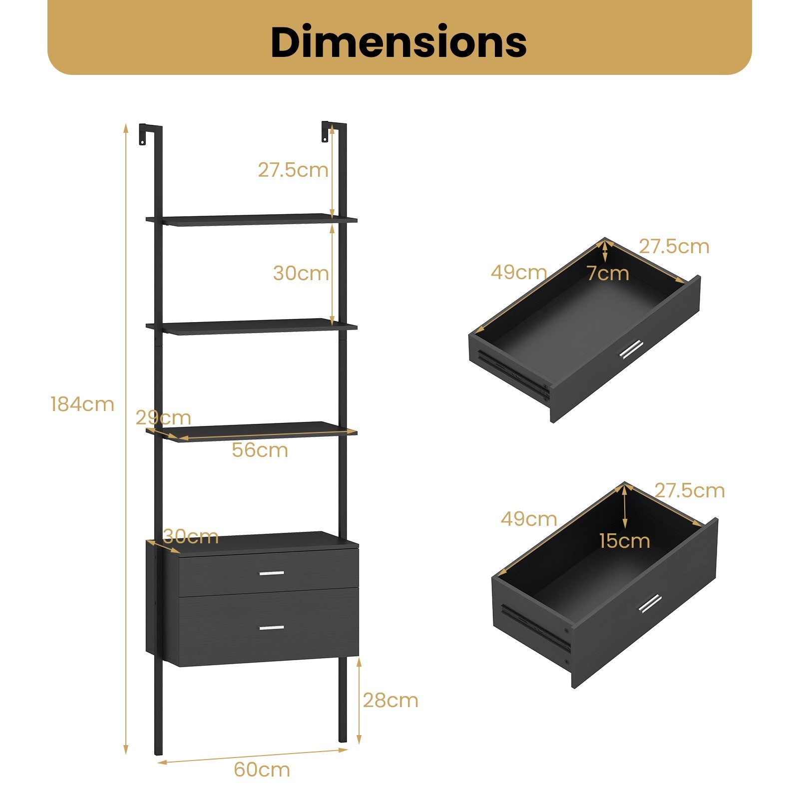 6-Tier Ladder Bookcase w/ 2 Drawers