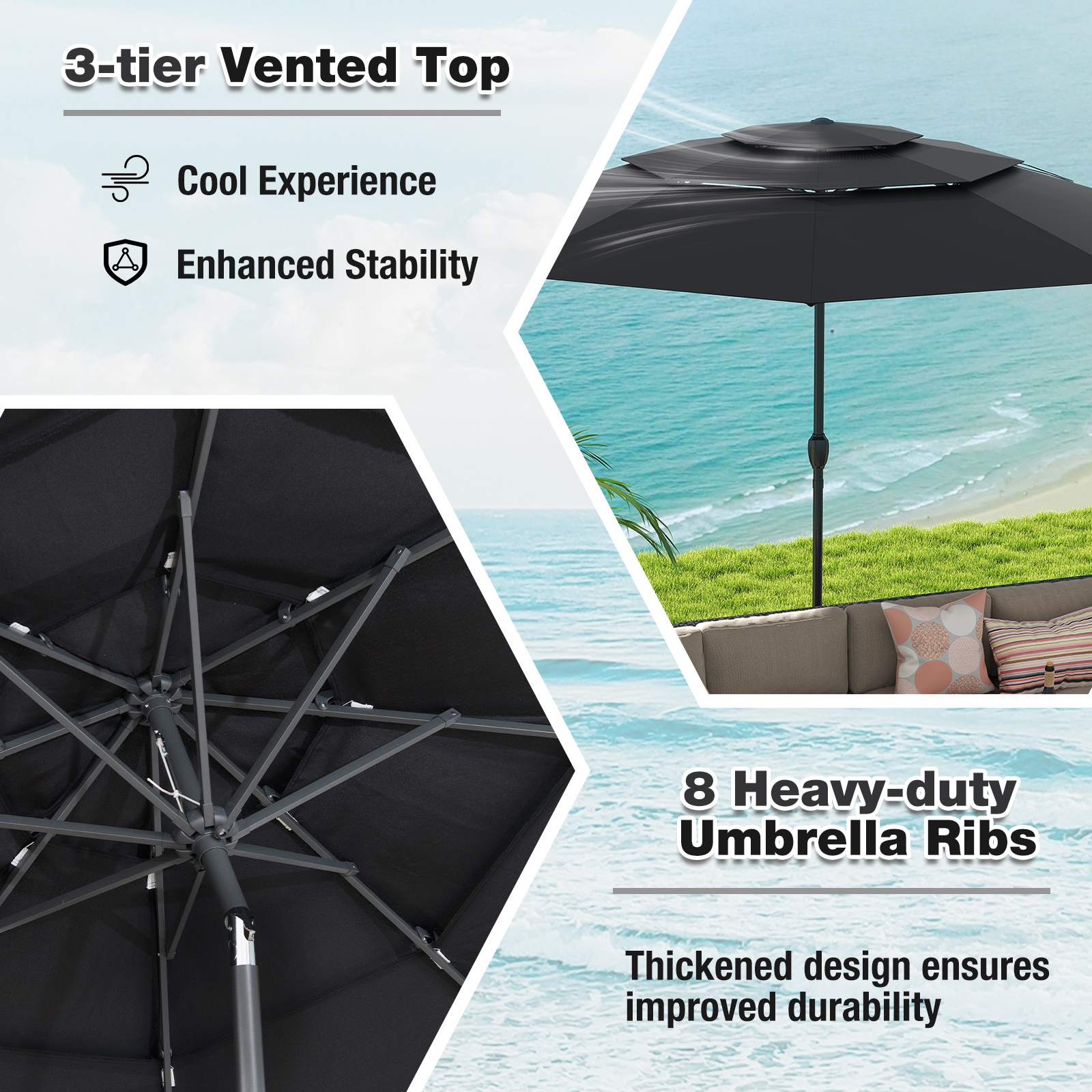 3 m 3-tier Vented Patio Umbrella Outdoor Heavy Duty Sun Shade w/Push Button Tilt