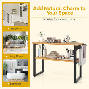 2-Tier Solid Teak Wood Bathroom Shelf with Towel Rack