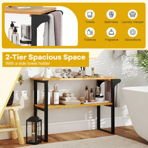 2-Tier Solid Teak Wood Bathroom Shelf with Towel Rack