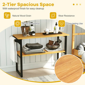 2-Tier Solid Teak Wood Bathroom Shelf with Towel Rack