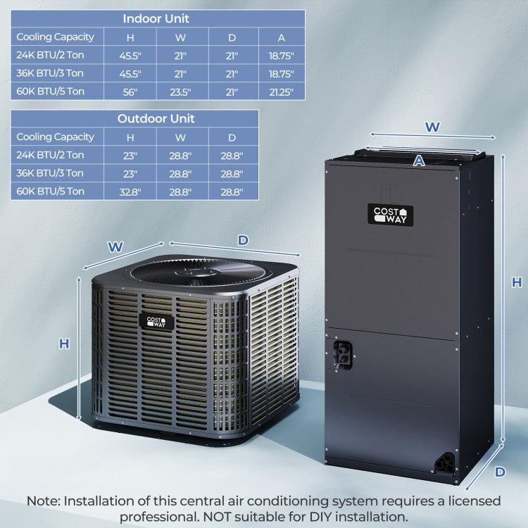 2 Ton Ducted Central Air Conditioner Heat Pump System 24000 BTU 208/230V 18 SEER2 Inverter Split AC with Multi-Position Air Handler Unit