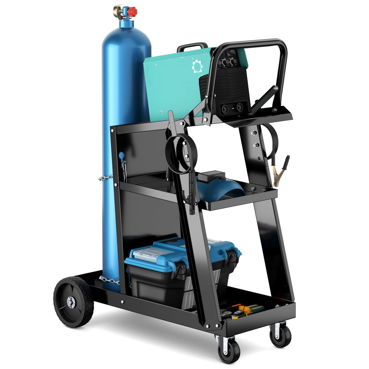 3-Tier Welding Cart, Rolling Welder Cart w/ Tilt-Table & 4 Wheels