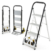 2 in 1 Folding Hand Truck and Ladder with Anti-Slip Pedals Rubber Wheels