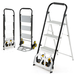 2 in 1 Folding Hand Truck and Ladder with Anti-Slip Pedals Rubber Wheels