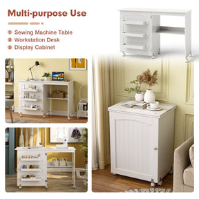 2-In-1 Multifunctional Sewing Machine Cart Table with Lockable Casters