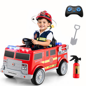 Kids Ride on Fire Truck, 12V Battery Powered Fire Car with Remote Control, Extinguisher, Shovel, Loudspeaker, Music, Sirens, Lights & Wireless Connection, Electric Vehicle for Children 3-8 Years Old