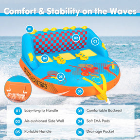 3-Person Towable Tube with Nylon Cover, Inflatable Boat Tube with EVA Seat Pads for Boating and Water Sports