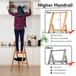 3-Step Foldable Bamboo Step Ladder Stool with Tool Storage Bag