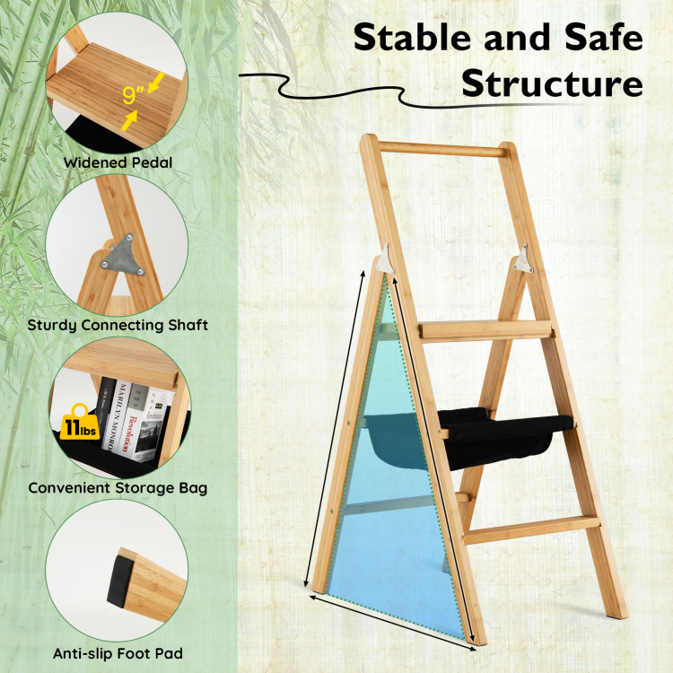 3-Step Foldable Bamboo Step Ladder Stool with Tool Storage Bag