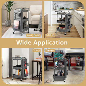 3-Tier Rolling Cart Utility Storage Organizer Trolley Service Cart with Baskets and Removable Hooks for Kitchen Garage