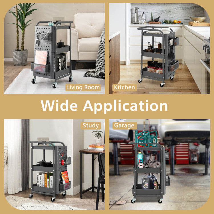 3-Tier Rolling Cart Utility Storage Organizer Trolley Service Cart with Baskets and Removable Hooks for Kitchen Garage