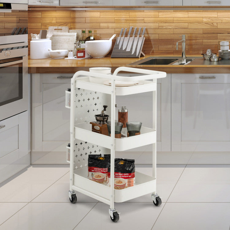 3-Tier Rolling Cart Utility Storage Organizer Trolley Service Cart with Baskets and Removable Hooks for Kitchen Garage