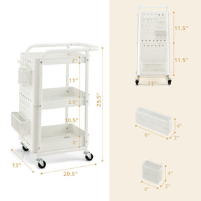 3-Tier Rolling Cart Utility Storage Organizer Trolley Service Cart with Baskets and Removable Hooks for Kitchen Garage