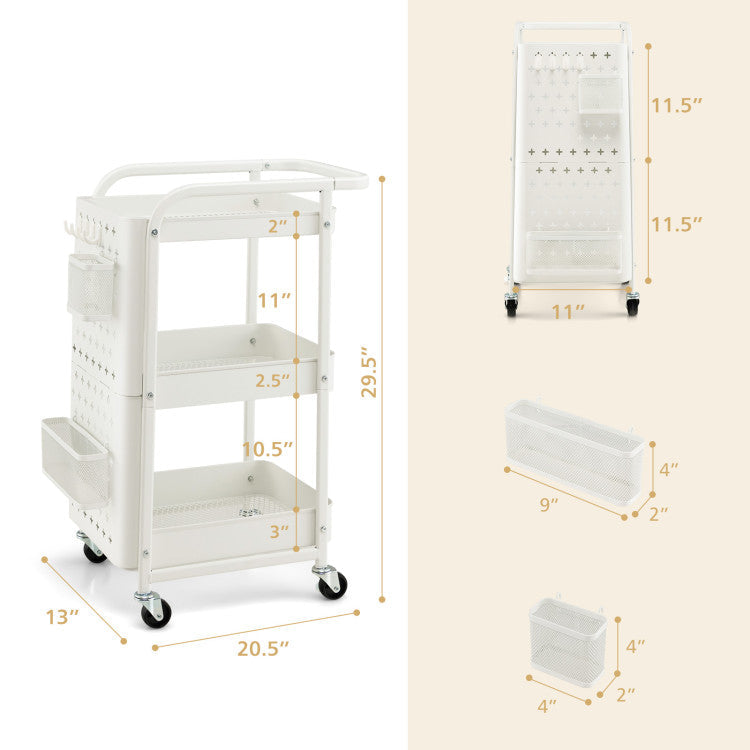 3-Tier Rolling Cart Utility Storage Organizer Trolley Service Cart with Baskets and Removable Hooks for Kitchen Garage