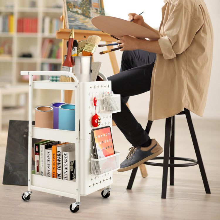 3-Tier Rolling Cart Utility Storage Organizer Trolley Service Cart with Baskets and Removable Hooks for Kitchen Garage