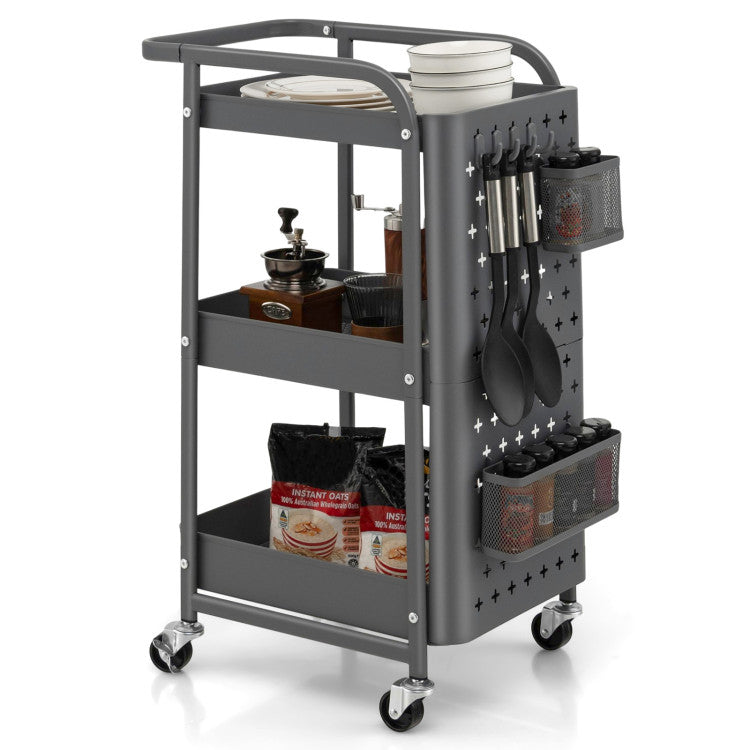3-Tier Rolling Cart Utility Storage Organizer Trolley Service Cart with Baskets and Removable Hooks for Kitchen Garage
