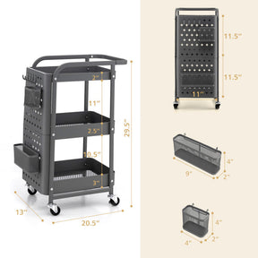 3-Tier Rolling Cart Utility Storage Organizer Trolley Service Cart with Baskets and Removable Hooks for Kitchen Garage
