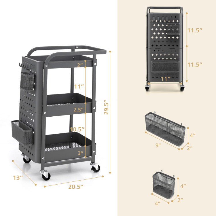 3-Tier Rolling Cart Utility Storage Organizer Trolley Service Cart with Baskets and Removable Hooks for Kitchen Garage