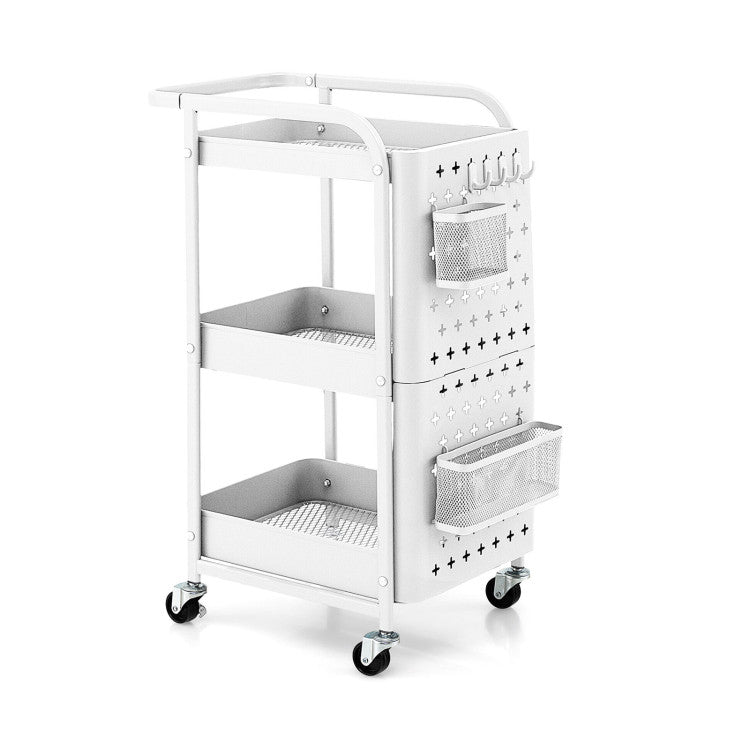 3-Tier Rolling Cart Utility Storage Organizer Trolley Service Cart with Baskets and Removable Hooks for Kitchen Garage