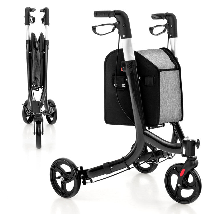 3-Wheel Folding Rolling Rollator Walker with Adjustable Handle and Shopping Bag