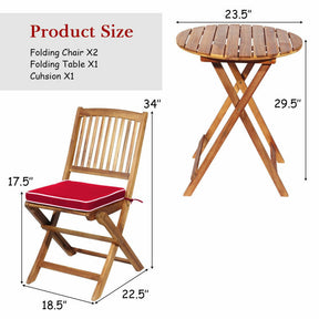 3 Pieces Outdoor Acacia Wood Bistro Set Foldable Patio Chair and Table Set with Removable Cushion