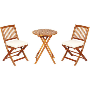 3 Pieces Outdoor Acacia Wood Bistro Set Foldable Patio Chair and Table Set with Removable Cushion