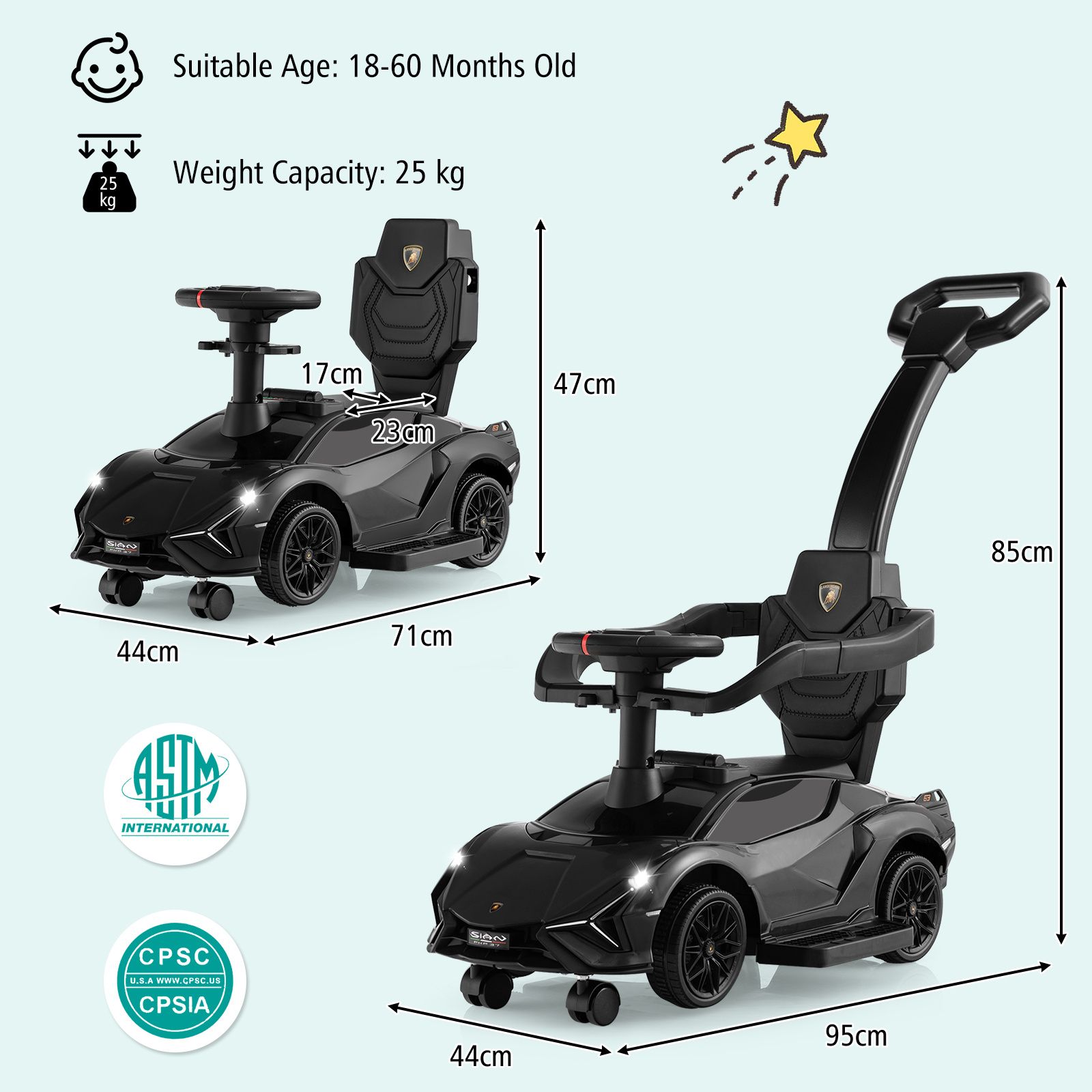 3-in-1 Ride On Push Car, Licensed Lamborghini Sliding Car w/ Removable Guardrails & Handle