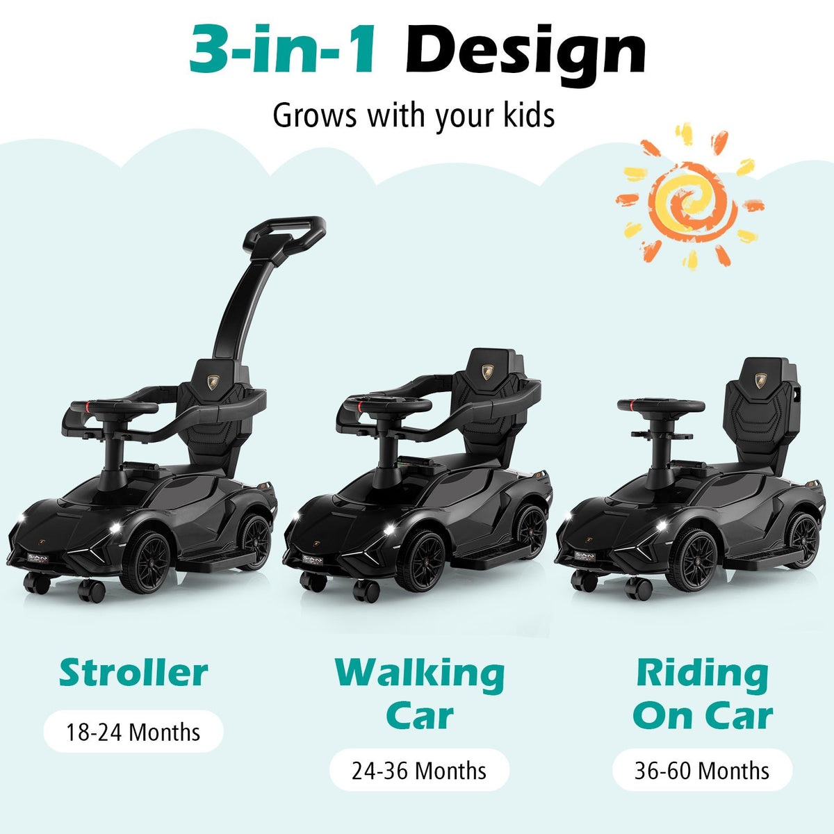 3-in-1 Ride On Push Car, Licensed Lamborghini Sliding Car w/ Removable Guardrails & Handle