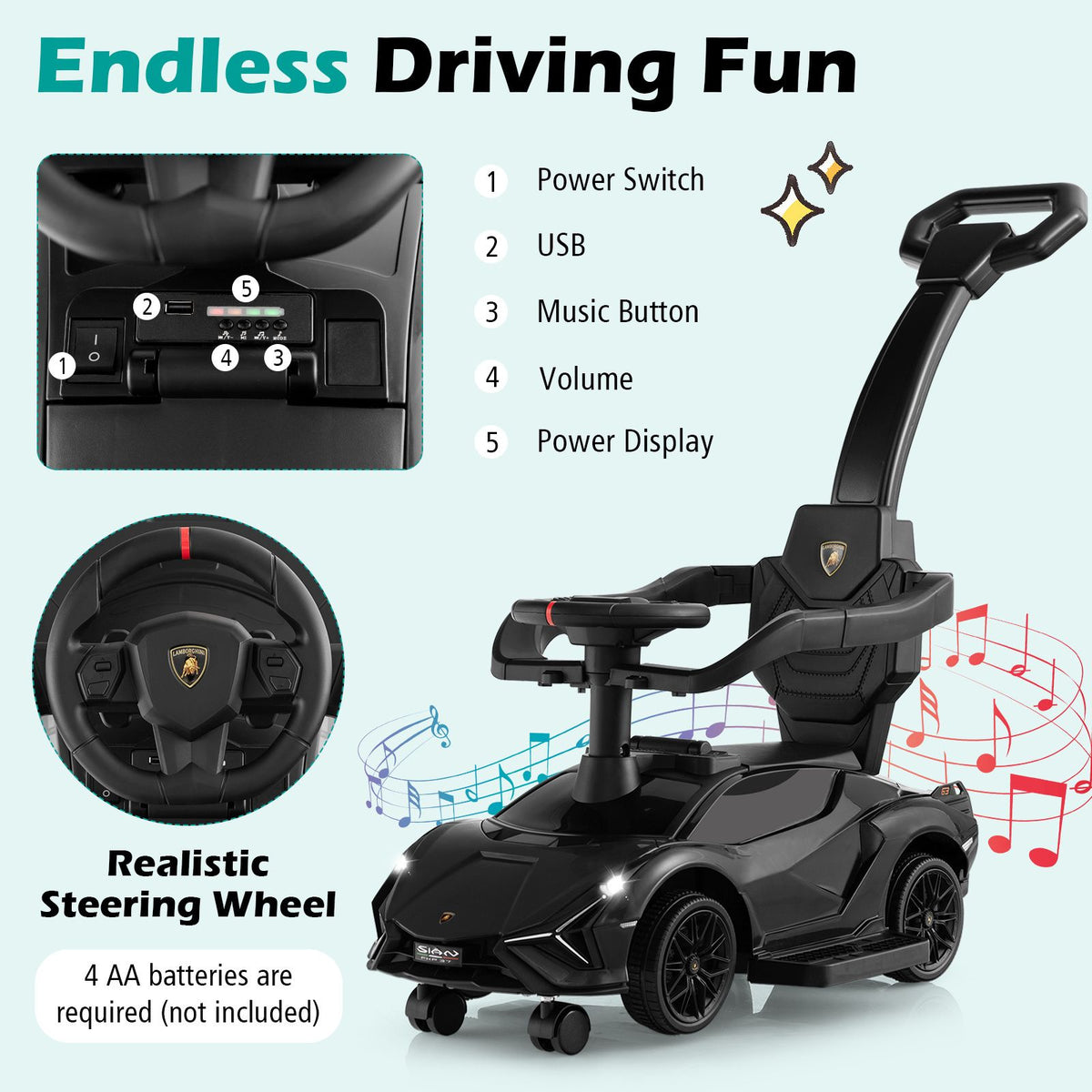3-in-1 Ride On Push Car, Licensed Lamborghini Sliding Car w/ Removable Guardrails & Handle
