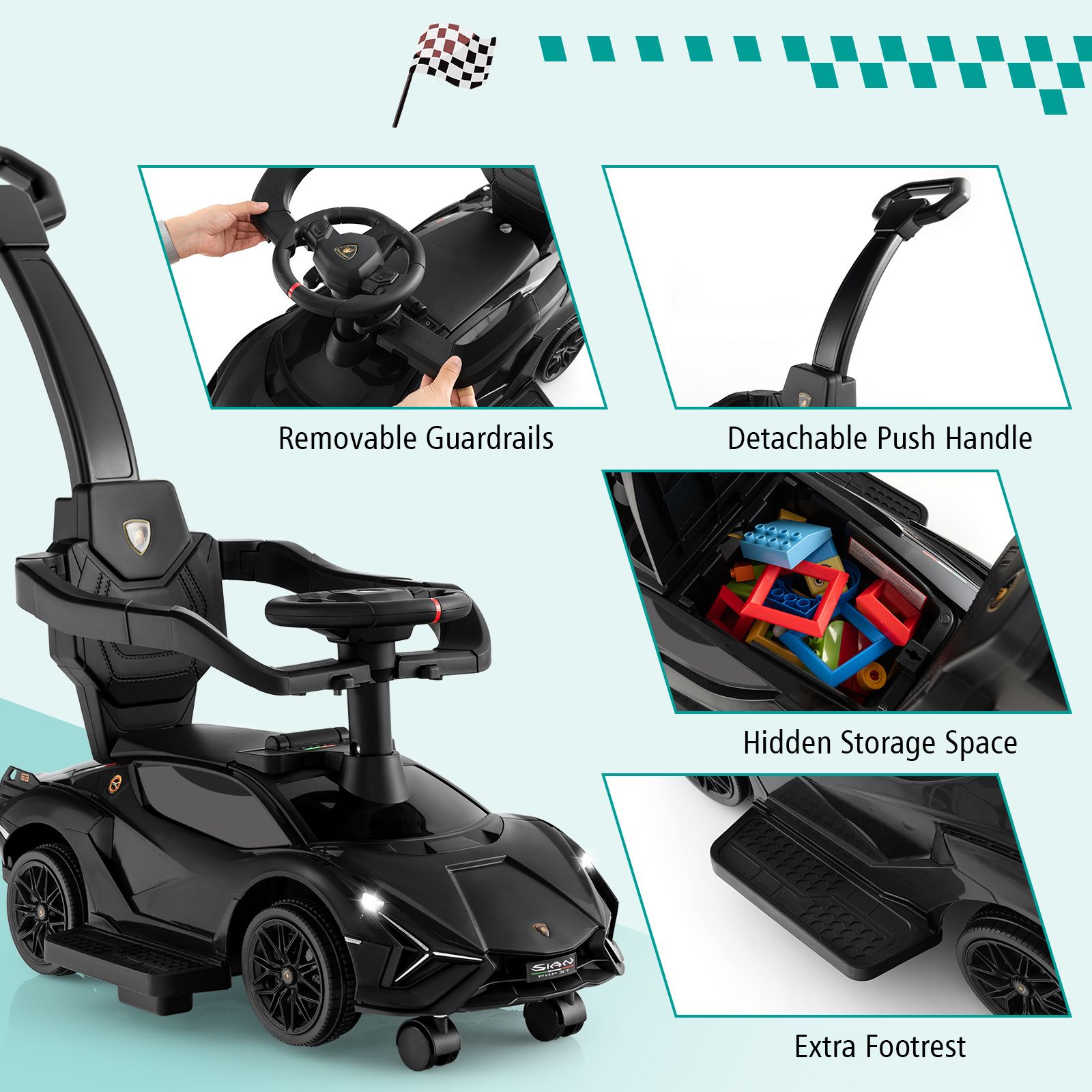 3-in-1 Ride On Push Car, Licensed Lamborghini Sliding Car w/ Removable Guardrails & Handle