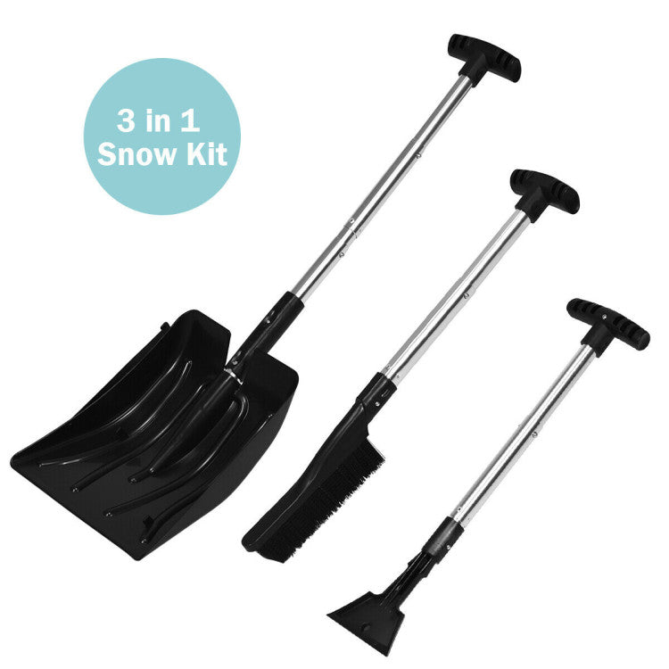 3-in-1 Adjustable Length Snow Shovel with Ice Scraper and Snow Brush