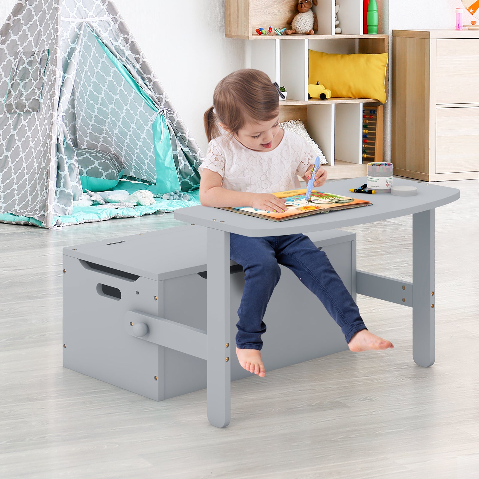 3-in-1 Kids Wooden Activity Table and Chair Set with Convertible Storage Bench