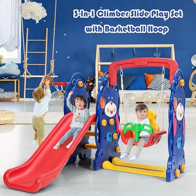 3-in-1 Toddler Climber and Kids Swing Playset with Basketball Hoop