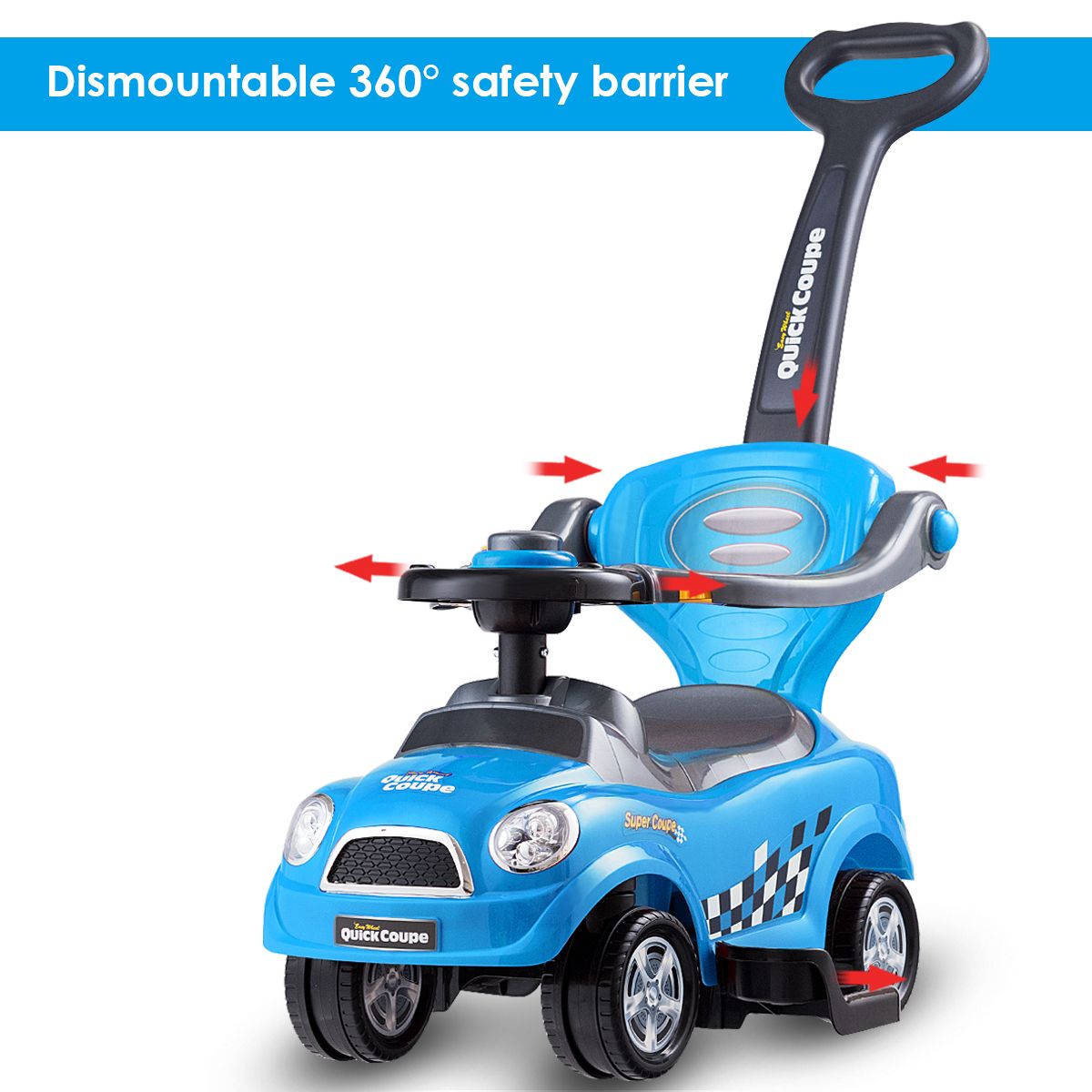 3-in-1 Ride On Kids Push Car with Detachable Guardrails and Handle