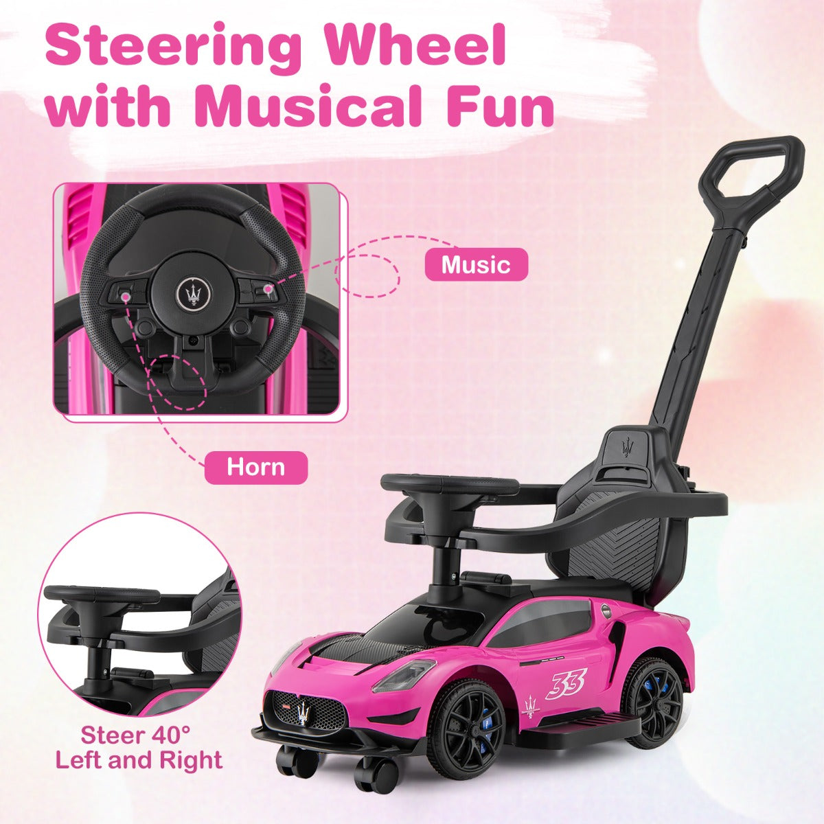 3-in-1 Ride on Push Car with 2 Universal Wheels and Music Steering