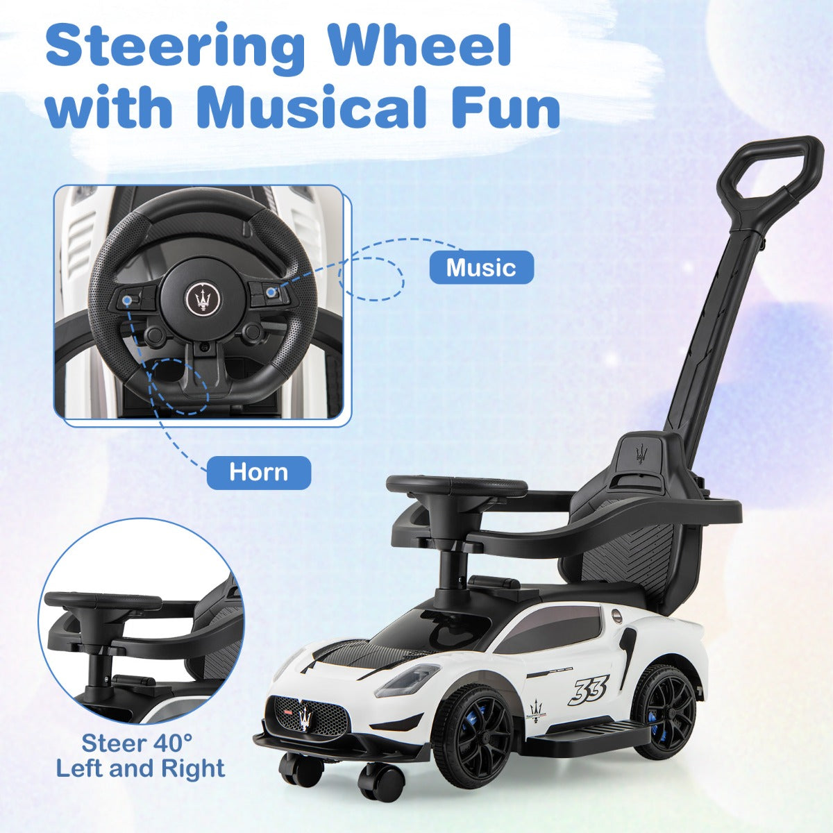 3-in-1 Ride on Push Car with 2 Universal Wheels and Music Steering