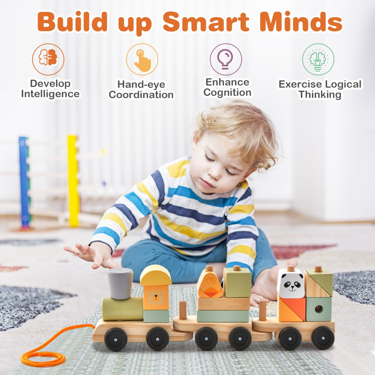 3-Section Wooden Train Set with Stackable Building Blocks