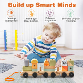 3-Section Wooden Train Set with Stackable Building Blocks