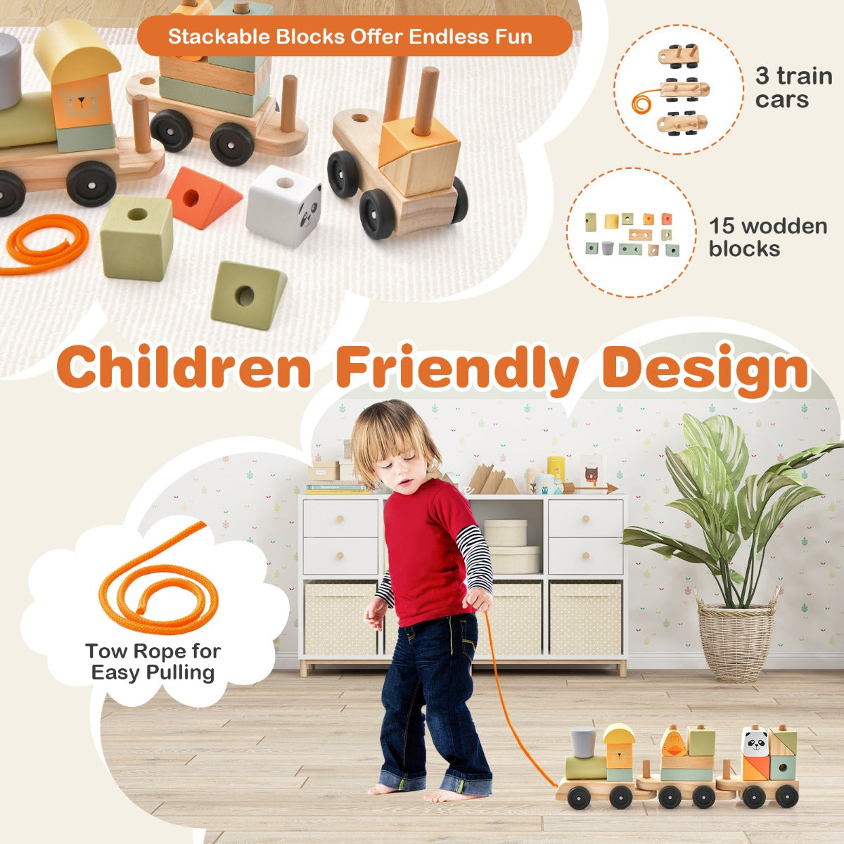 3-Section Wooden Train Set with Stackable Building Blocks