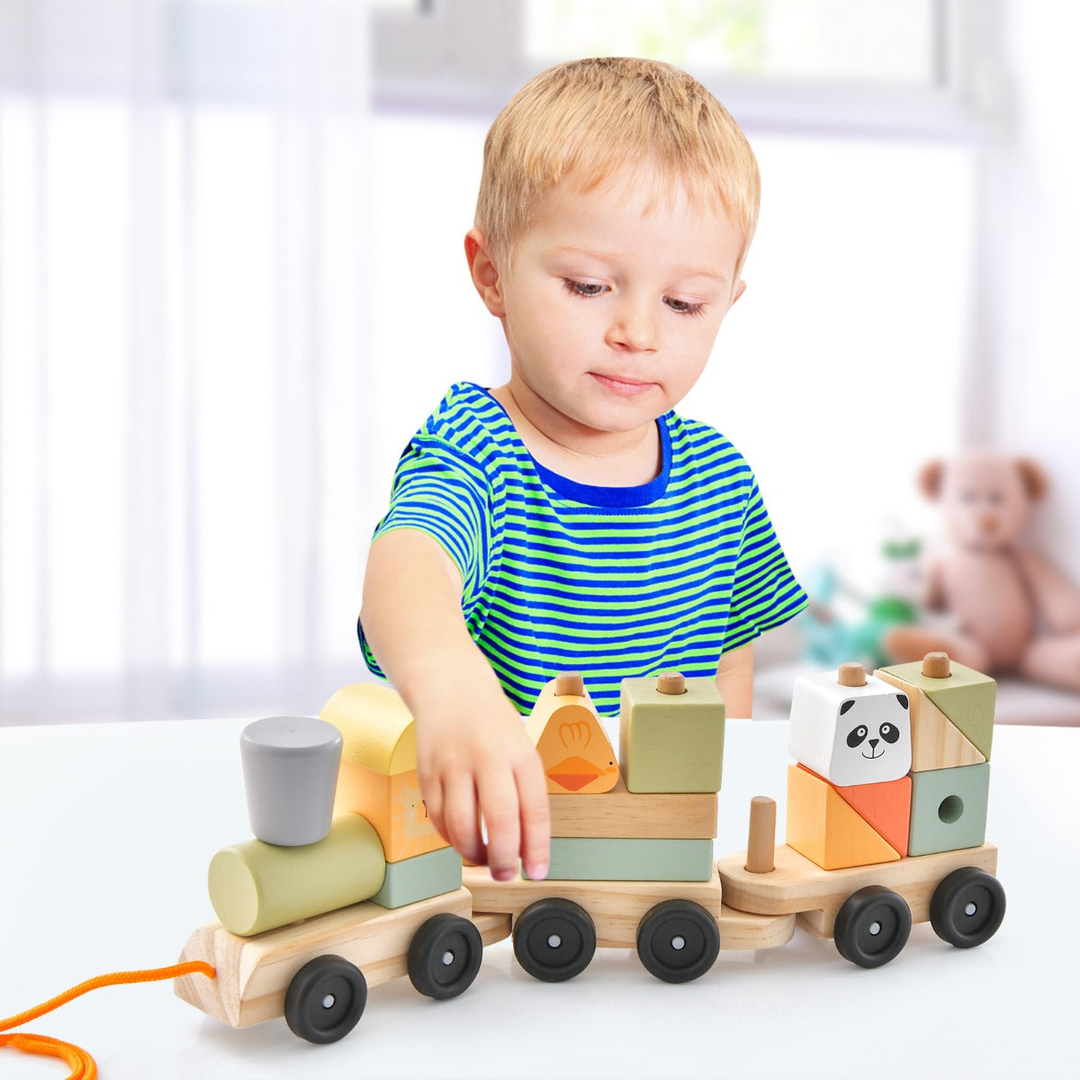 3-Section Wooden Train Set with Stackable Building Blocks