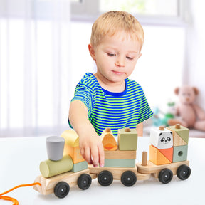 3-Section Wooden Train Set with Stackable Building Blocks