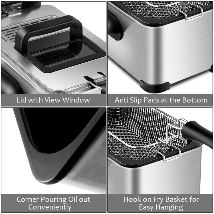 3.2Qt Stainless Steel Electric Oil Fryer Deep Fryer Pot with Fry Basket and Timer