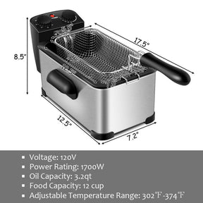 3.2Qt Stainless Steel Electric Oil Fryer Deep Fryer Pot with Fry Basket and Timer