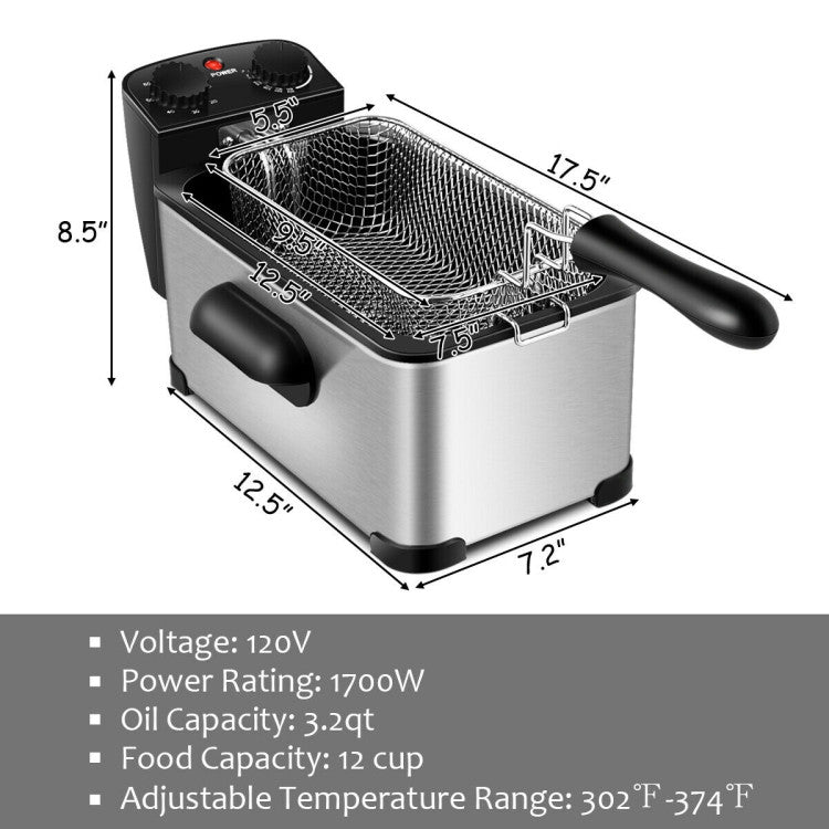 3.2Qt Stainless Steel Electric Oil Fryer Deep Fryer Pot with Fry Basket and Timer