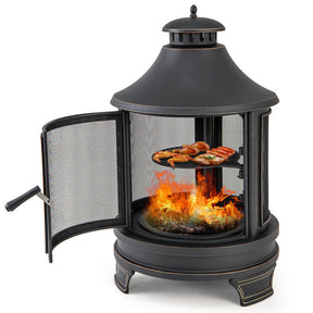 30 Inch Metal Chiminea Fire Pit 2 in 1 Outdoor Wood Burning Fireplace with Adjustable Grill and Chimney for Backyard BBQ