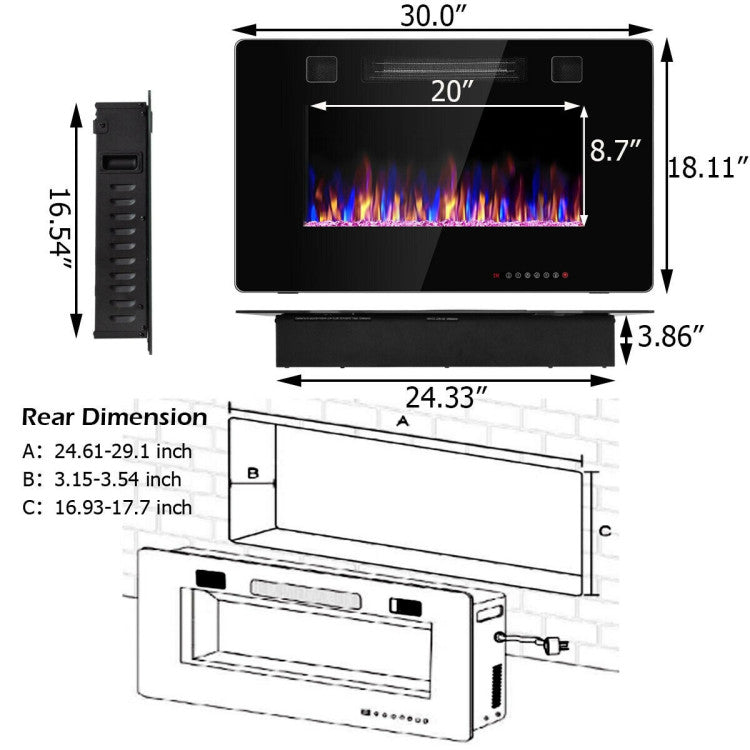 30-Inch Recessed Ultra Thin Electric Fireplace Heater with 5 Flame Brightness Levels