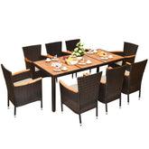 9-Piece Outdoor Patio Dining Set with Acacia Wood Top Table, 8 Stackable Cushioned Rattan Chairs, Steel Frame for Poolside, Backyard