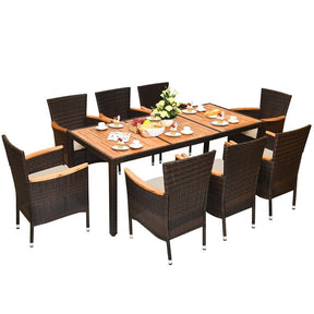 9-Piece Outdoor Patio Dining Set with Acacia Wood Top Table, 8 Stackable Cushioned Rattan Chairs, Steel Frame for Poolside, Backyard
